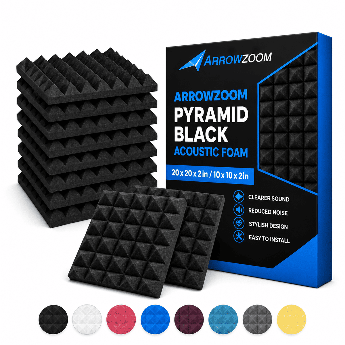Arrowzoom Pyramid Self-Adhesive Acoustic Foam Tiles — Peel & Stick — Solid Colors - KK1034