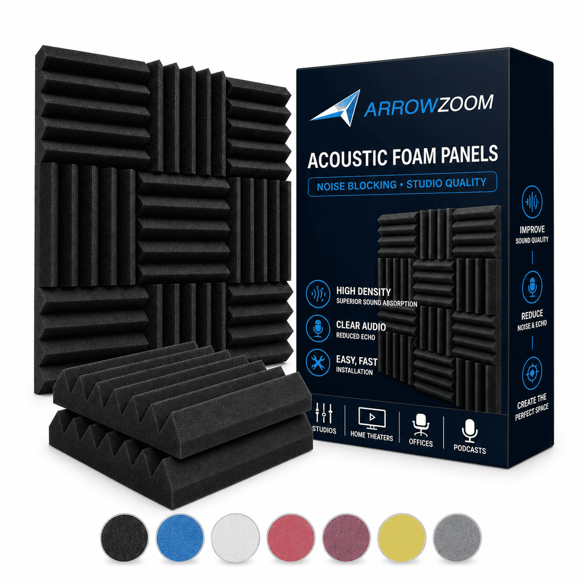 Arrowzoom Acoustic Wedge Tiles Adhesive Backed Foam- Solid Colors - KK1134