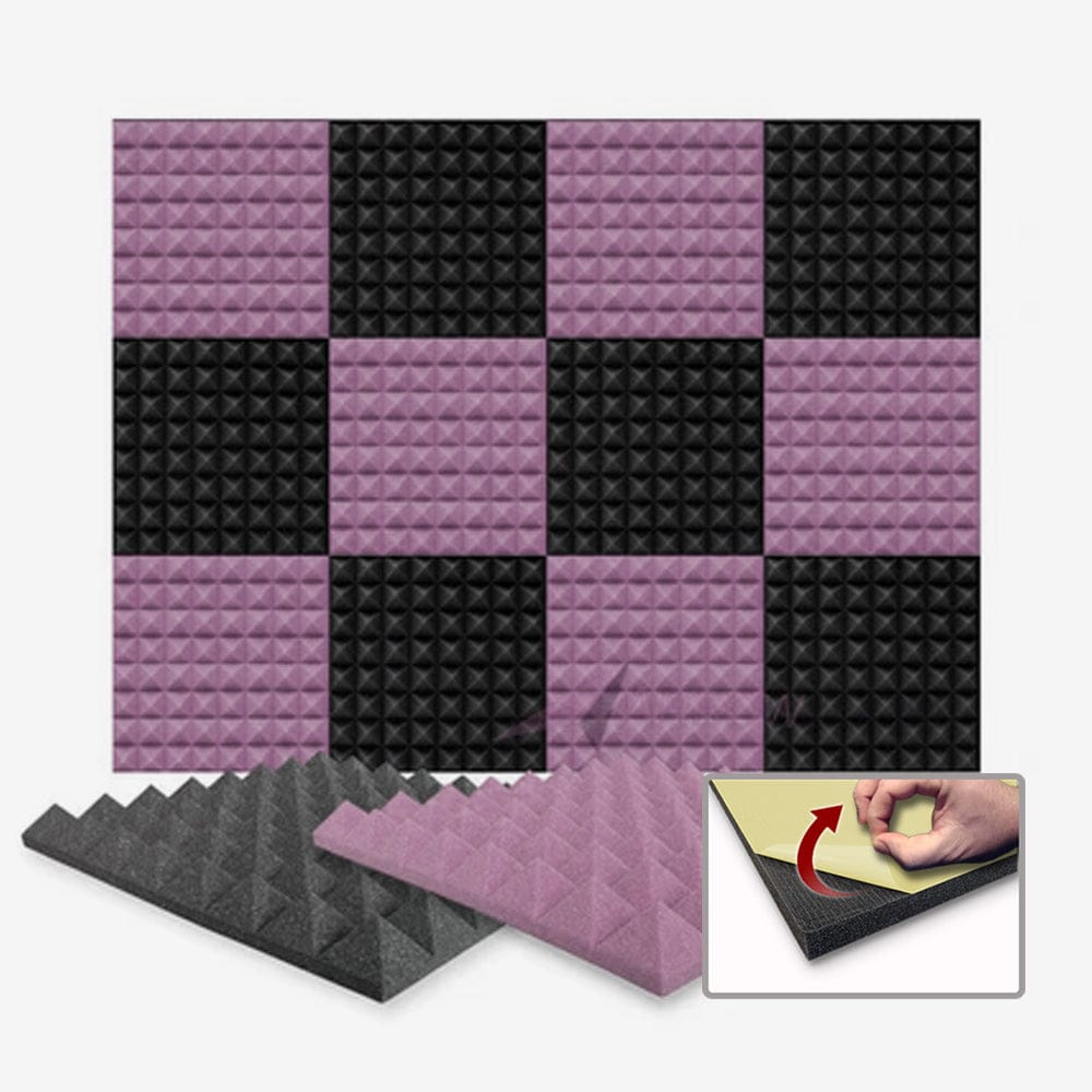 Arrowzoom Pyramid Series Acoustic Foam - Black x Burgundy Bundle - KK1034 Purple / Black / 12 Pieces - 25 x 25 x 5 cm/ 10 x 10 x 2in / Yes - With Adhesive