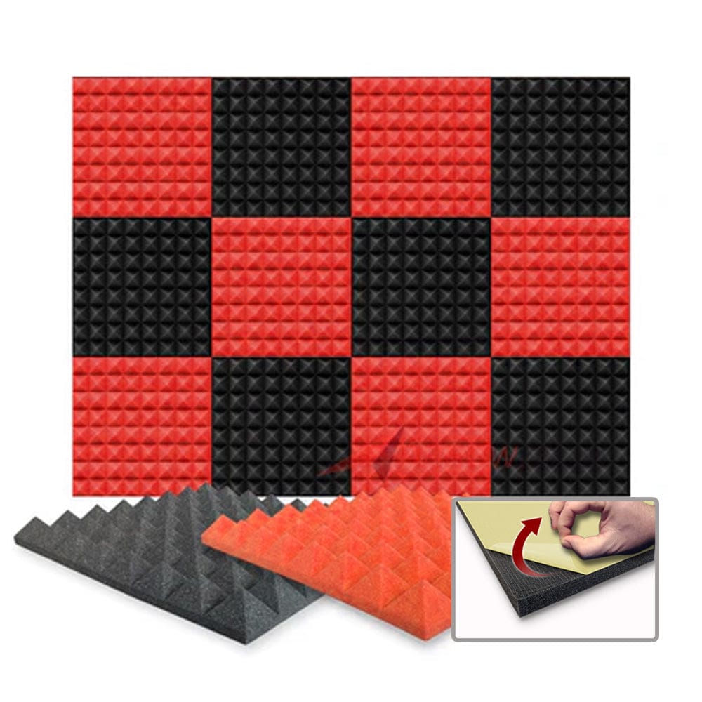 Arrowzoom Pyramid Series Acoustic Foam - Black x Red Bundle - KK1034 Red / Black / 12 Pieces - 25 x 25 x 5 cm/ 10 x 10 x 2in / Yes - With Adhesive