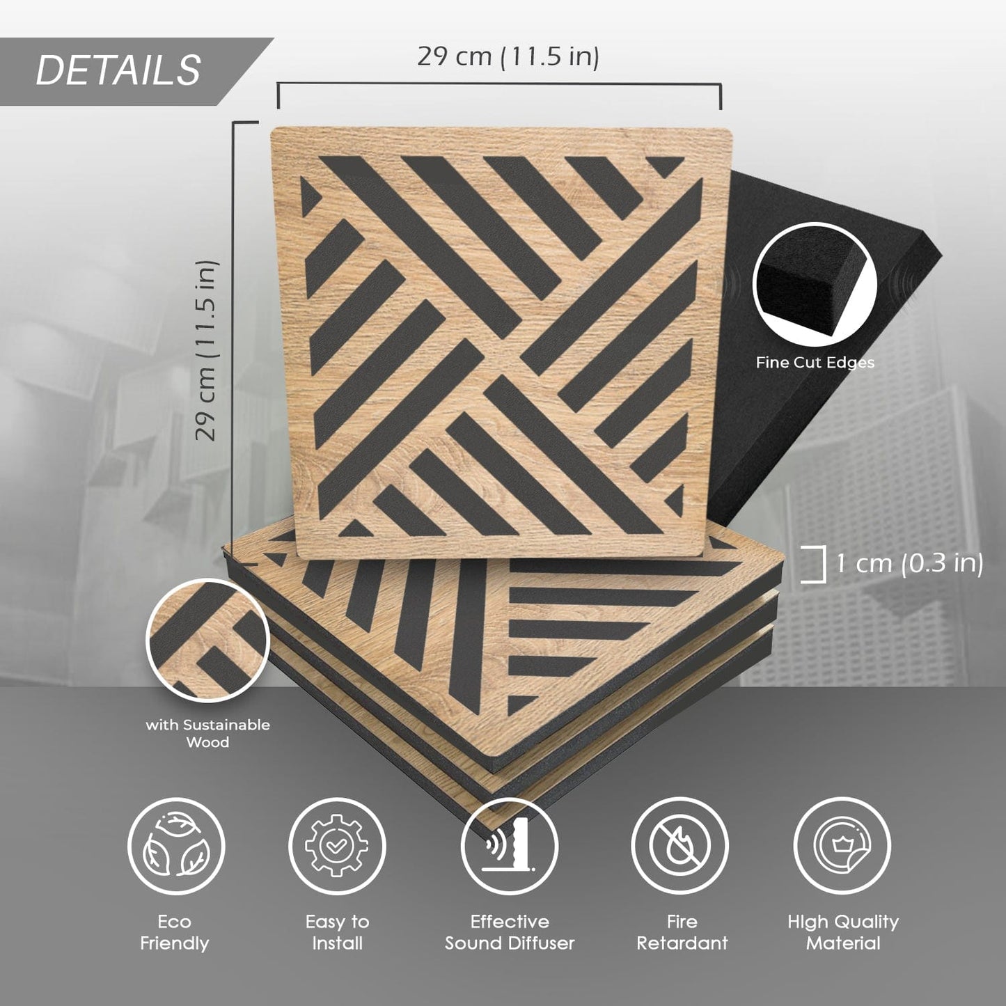 Arrowzoom™ Diffuse PRO Diagonal Square Felt Wooden Panel - KK1308