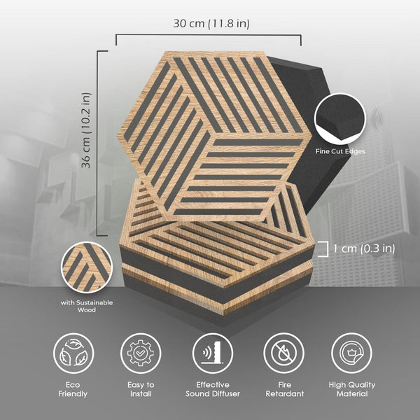Arrowzoom™ Diffuse PRO Isometric Lines Hexagon Felt Wooden Panel - KK1418