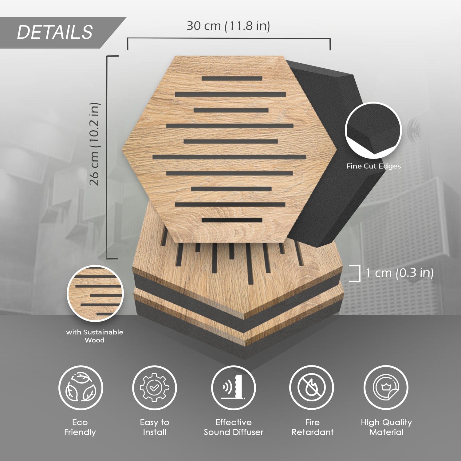 Arrowzoom™ Diffuse PRO Waves Hexagon Felt Wooden Panel - KK1416