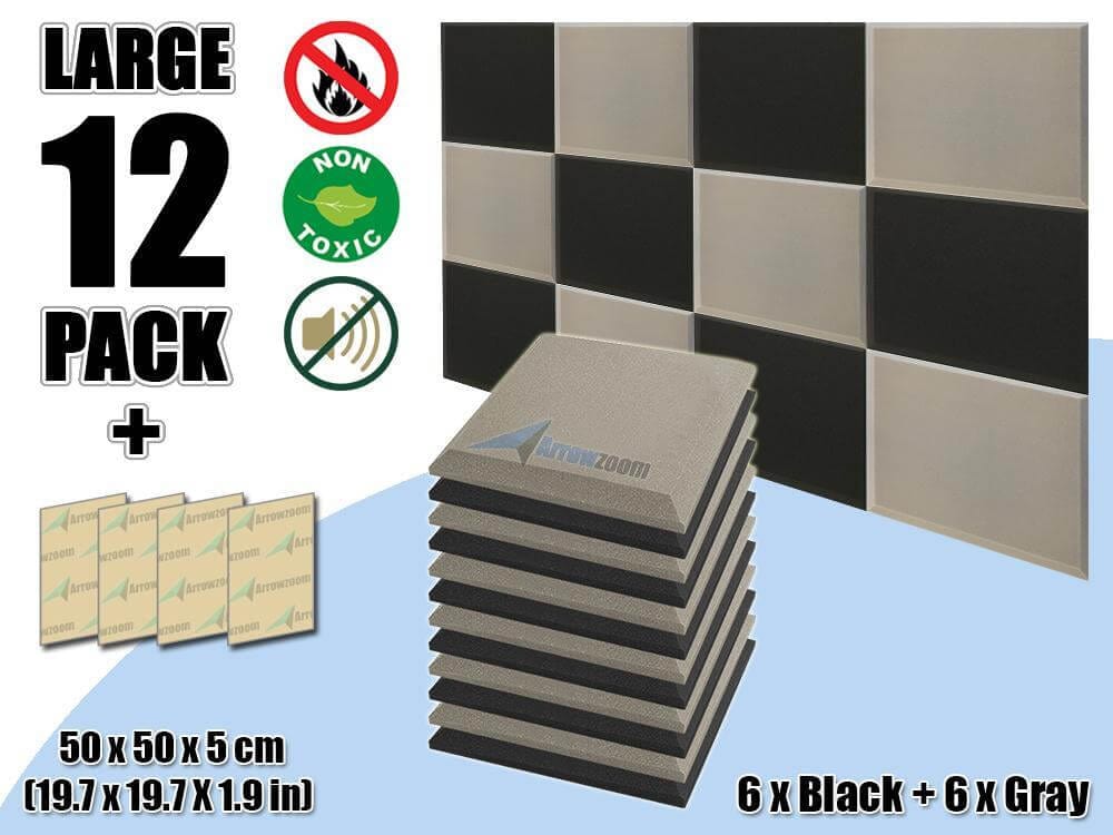 Arrowzoom Flat Bevel Tile Series Acoustic Panel - Black x Gray Bundle - KK1039 12