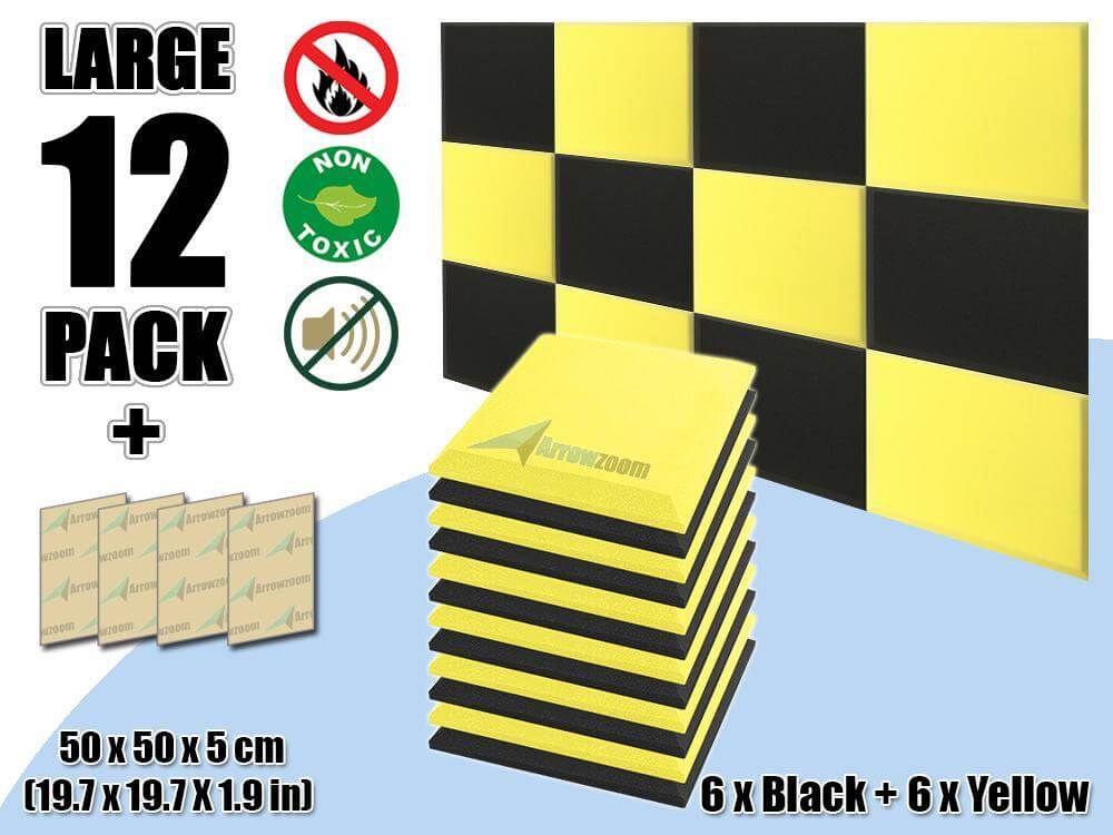 Arrowzoom Flat Bevel Tile Series Acoustic Panel - Black x Yellow Bundle - KK1039 12 Piece -50 x 50 x 5 cm / 20 x 20 x 2 in