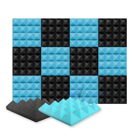 Arrowzoom Pyramid Series Acoustic Foam - Baby Blue x Black Bundle - KK1034 12 Pieces - 25 x 25 x 5 cm/ 10 x 10 x 2in