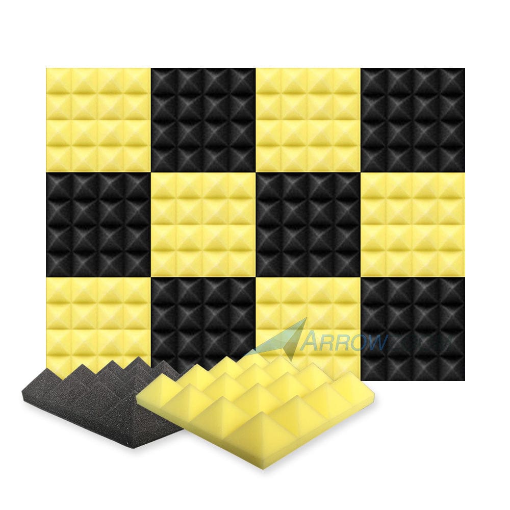 Arrowzoom Pyramid Series Acoustic Foam - Black x Yellow Bundle - KK1034 12 Pieces - 25 x 25 x 5 cm/ 10 x 10 x 2in