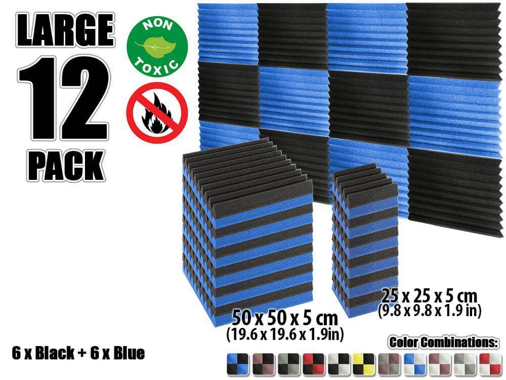 Arrowzoom Wedge Tiles Series Acoustic Foam - Black x Blue Bundle - KK1134 12 Pieces - 25 x 25 x 5 cm / 10 x 10 x 2in / Default color