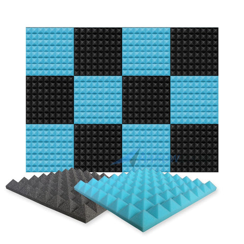 Arrowzoom Pyramid Series Acoustic Foam - Baby Blue x Black Bundle - KK1034 12 Pieces - 50 x 50 x 5 cm / 20 x 20 x 2 in