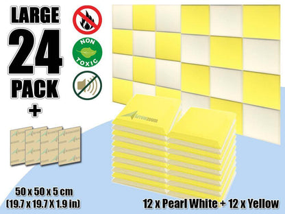 Arrowzoom Flat Bevel Tile Series Acoustic Panel - Pearl White x Yellow Bundle - KK1039 24 Piece -50 x 50 x 5 cm / 20 x 20 x 2 in