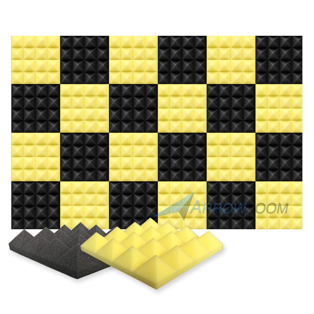 Arrowzoom Pyramid Series Acoustic Foam - Black x Yellow Bundle - KK1034 24 Pieces - 25 X 25 X 5 cm/ 10 x 10 x 2in