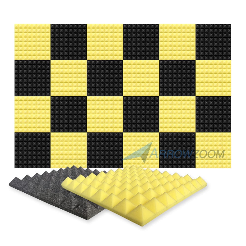 Arrowzoom Pyramid Series Acoustic Foam - Black x Yellow Bundle - KK1034 24 Pieces - 50 X 50 X 5 cm / 20 x 20 x 2 in