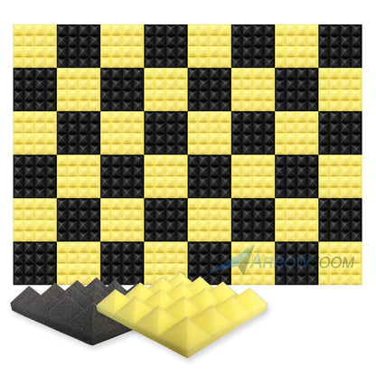 Arrowzoom Pyramid Series Acoustic Foam - Black x Yellow Bundle - KK1034 48 Pieces - 25 X 25 X 5 cm/ 10 x 10 x 2in