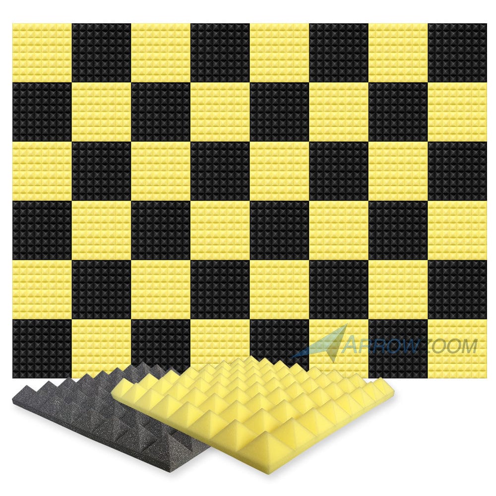 Arrowzoom Pyramid Series Acoustic Foam - Black x Yellow Bundle - KK1034 48 Pieces - 50 X 50 X 5 cm / 20 x 20 x 2 in