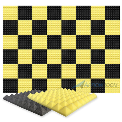 Arrowzoom Pyramid Series Acoustic Foam - Black x Yellow Bundle - KK1034 48 Pieces - 50 X 50 X 5 cm / 20 x 20 x 2 in