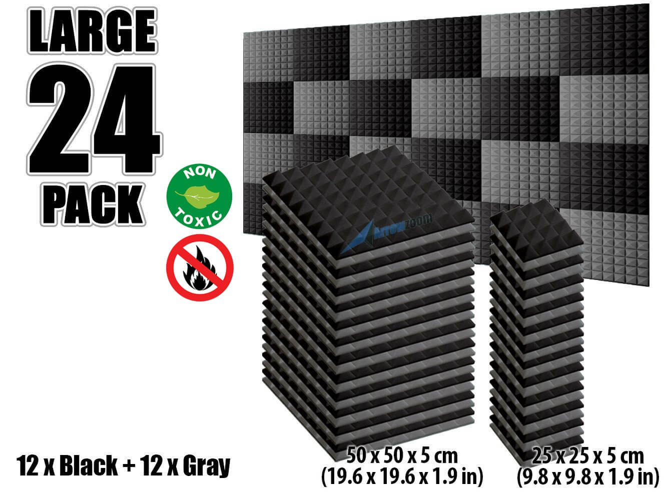 New 24 pcs Black and Gray Bundle Pyramid Tiles Acoustic Panels Sound Absorption Studio Soundproof Foam KK1034