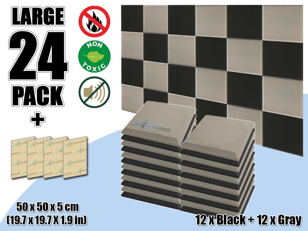 New 24 pcs Black & Gray Bundle Flat Bevel Tile Acoustic Panels Sound Absorption Studio Soundproof Foam KK1039
