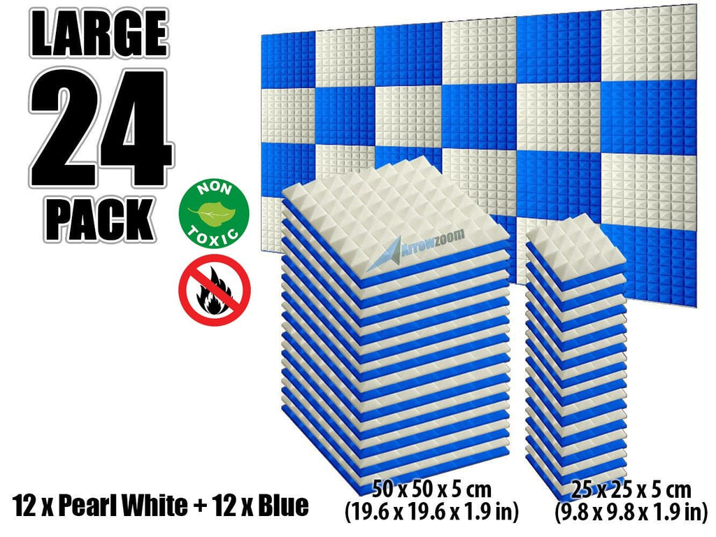 New 24 pcs Pearl White and Blue Bundle Pyramid Tiles Acoustic Panels Sound Absorption Studio Soundproof Foam KK1034