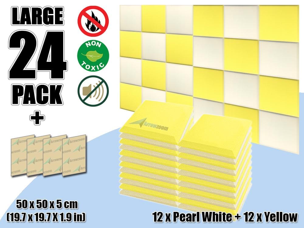 New 24 pcs Pearl White & Yellow Bundle Flat Bevel Tile Acoustic Panels Sound Absorption Studio Soundproof Foam KK1039
