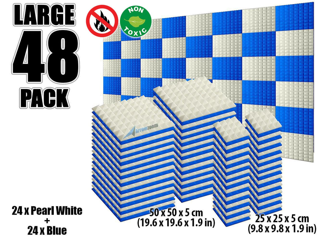 New 48 pcs Pearl White and Blue Bundle Pyramid Tiles Acoustic Panels Sound Absorption Studio Soundproof Foam KK1034