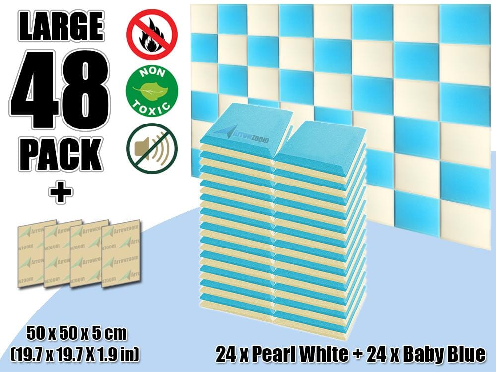 New 48 pcs Pearl White & Baby Blue Bundle Flat Bevel Tile Acoustic Panels Sound Absorption Studio Soundproof Foam KK1039