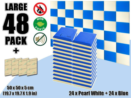 New 48 pcs Pearl White & Blue Bundle Flat Bevel Tile Acoustic Panels Sound Absorption Studio Soundproof Foam KK1039