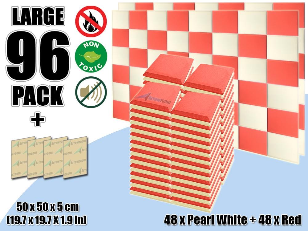 New 96 pcs Pearl White & Red Bundle Flat Bevel Tile Acoustic Panels Sound Absorption Studio Soundproof Foam KK1039